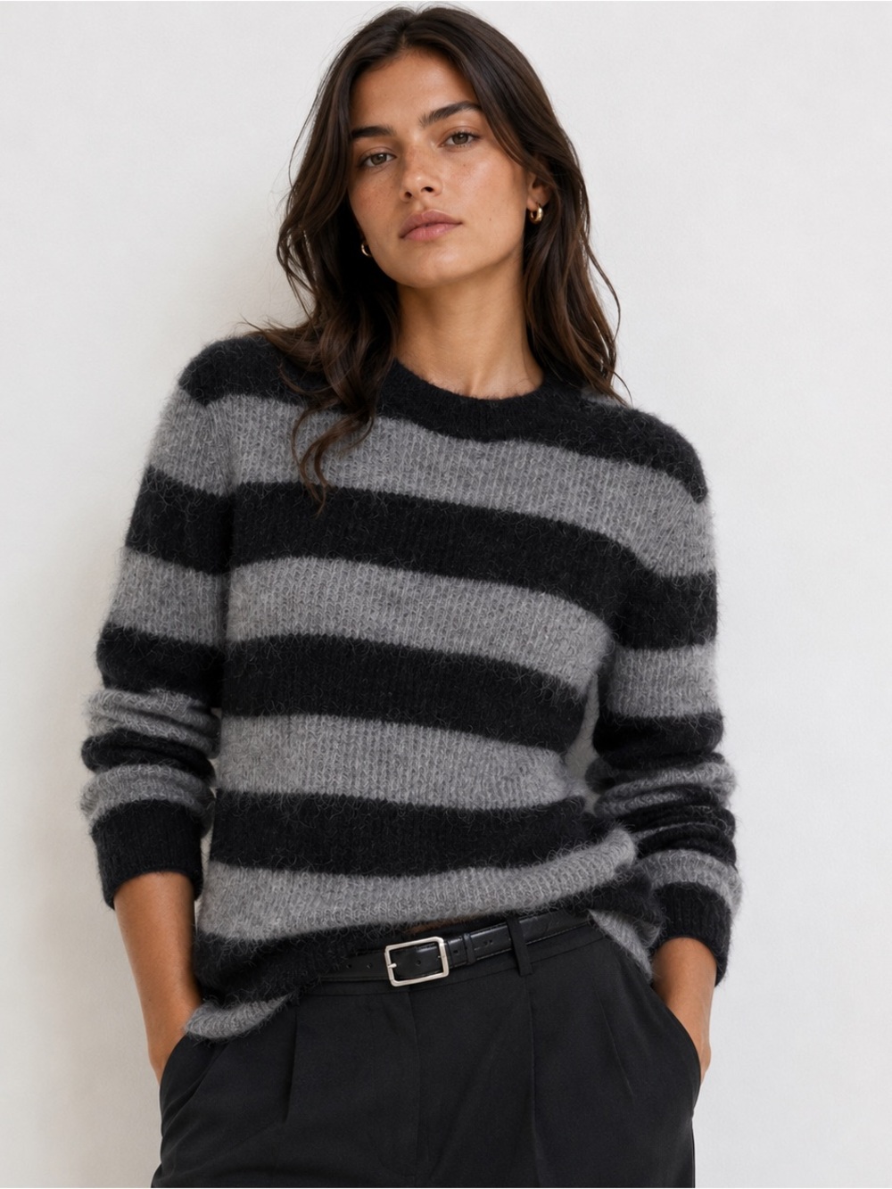 COS Alpaca Wool Blend Long Hair Striped Crewneck Sweater Statement Gray Size M